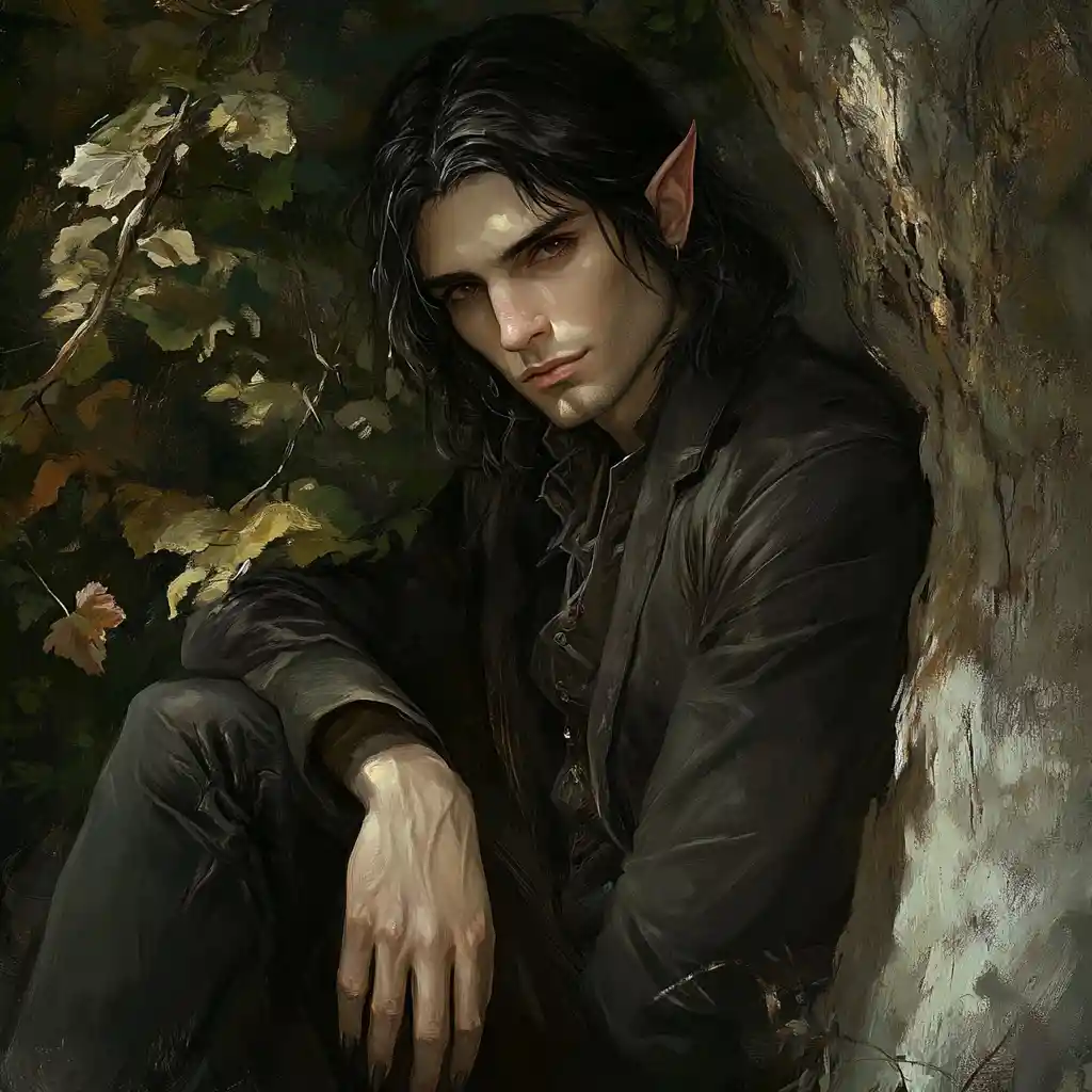Tall fae man in a casual suit leaning on a tree