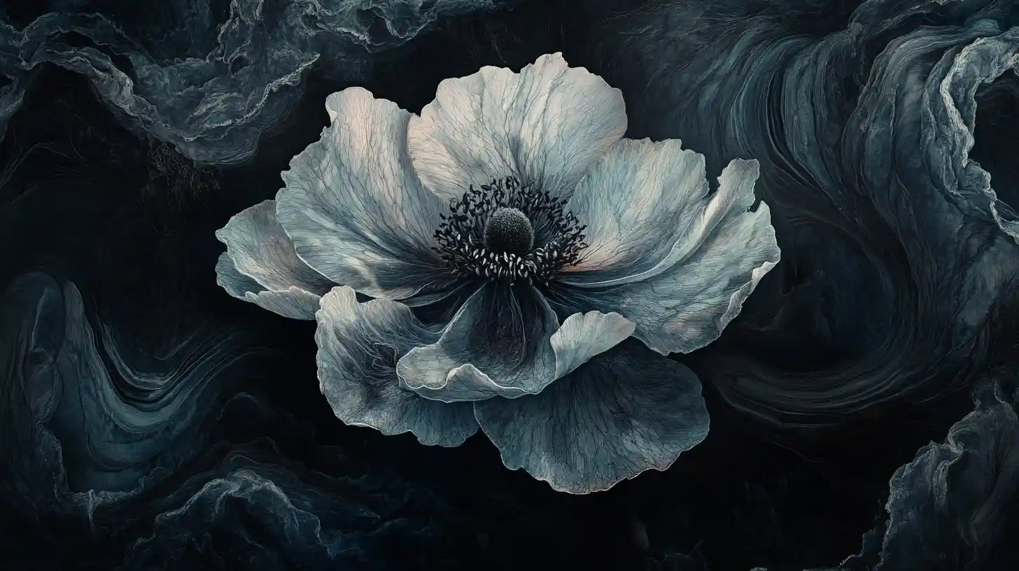 Solitary flower in a surreal dark watercolor landscape
