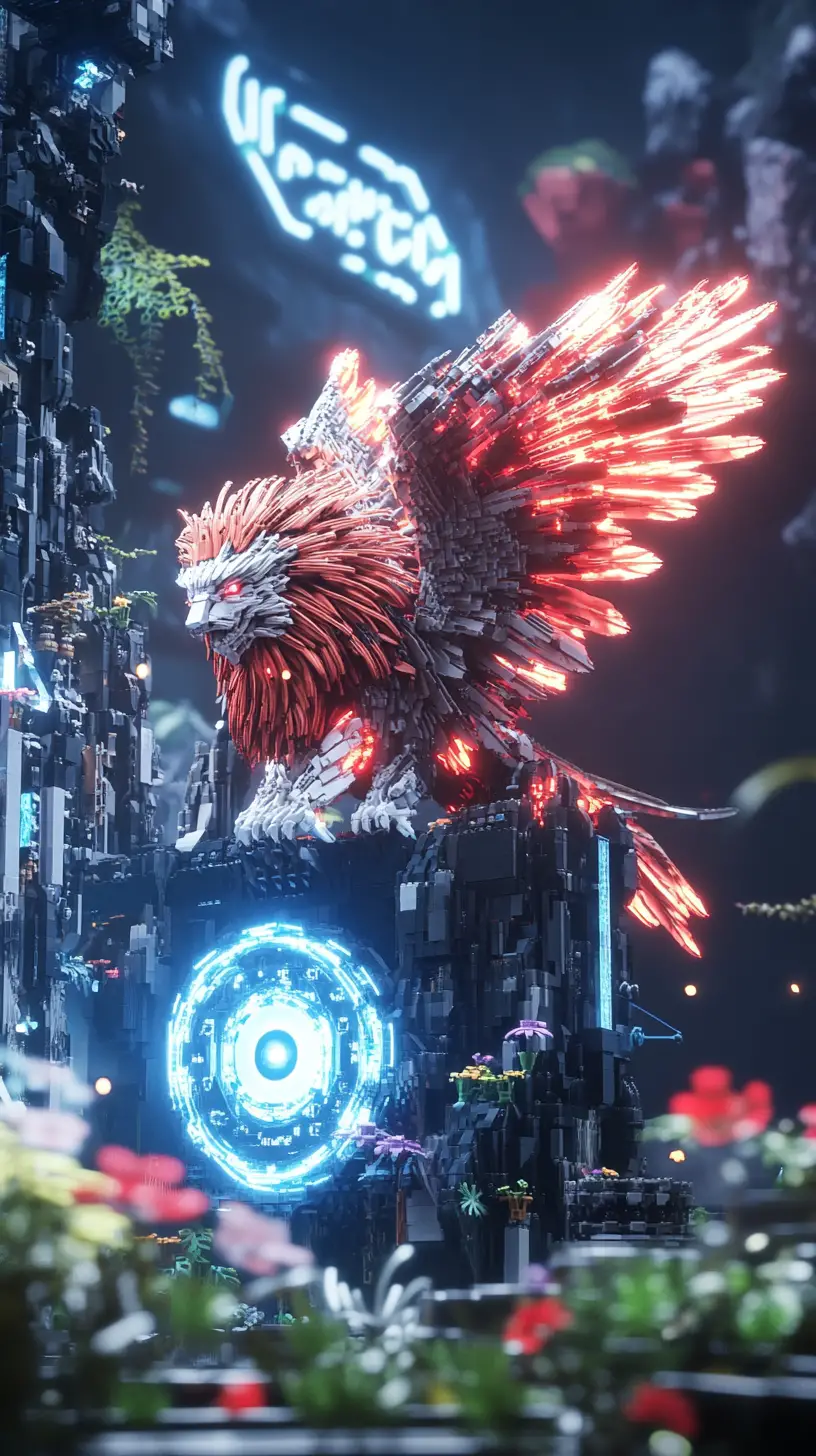 Lego griffin in a neon mystical fantasy garden