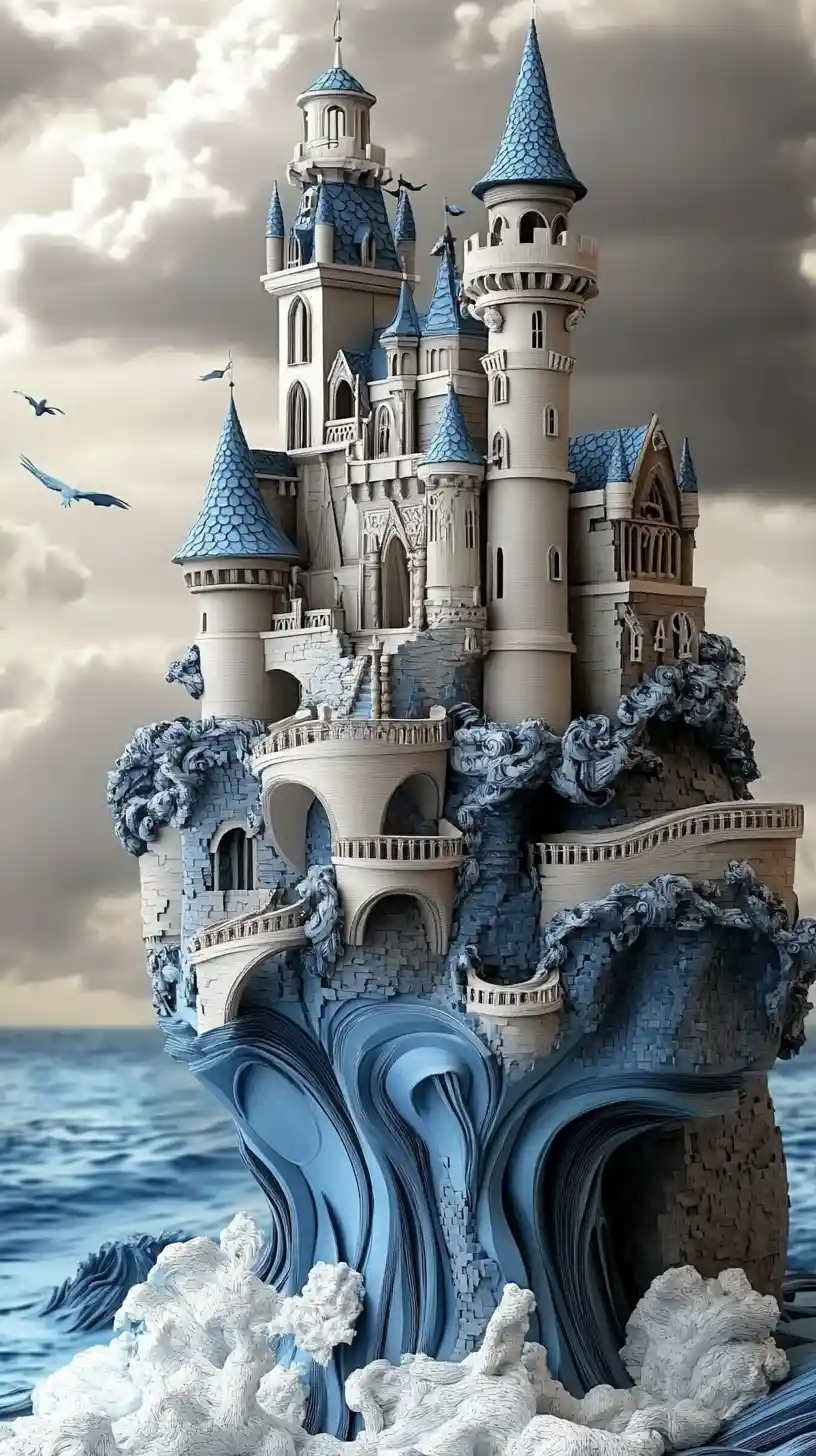 Medieval stone castle above stormy sea on steep cliff