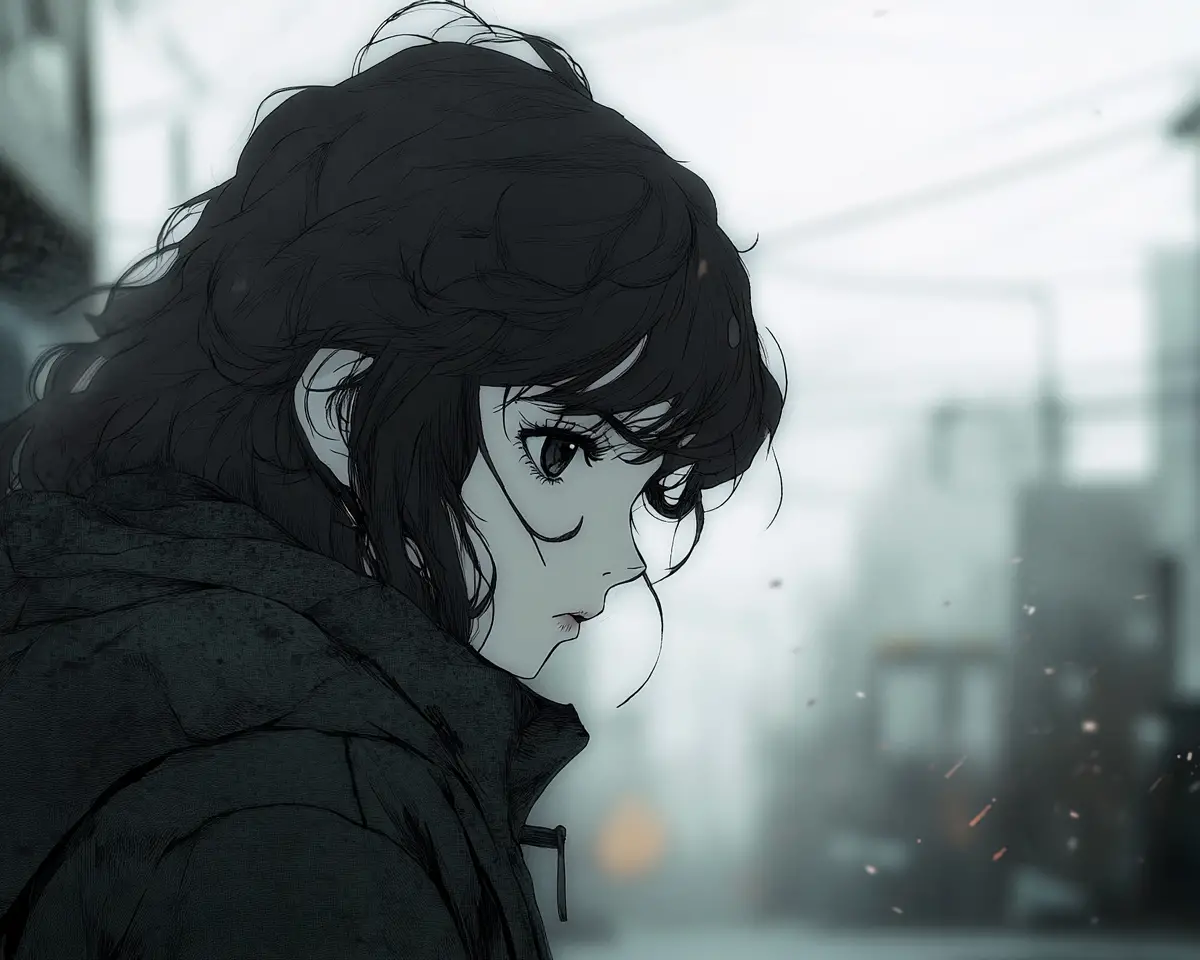 Anime woman in city street on a foggy windy day