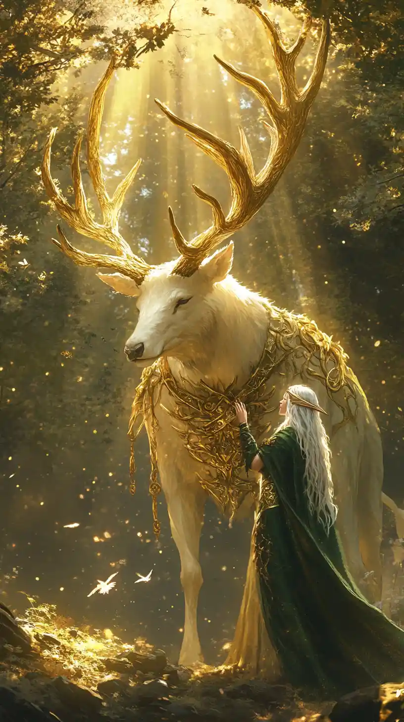 White stag guardian and elf in enchanted forest light