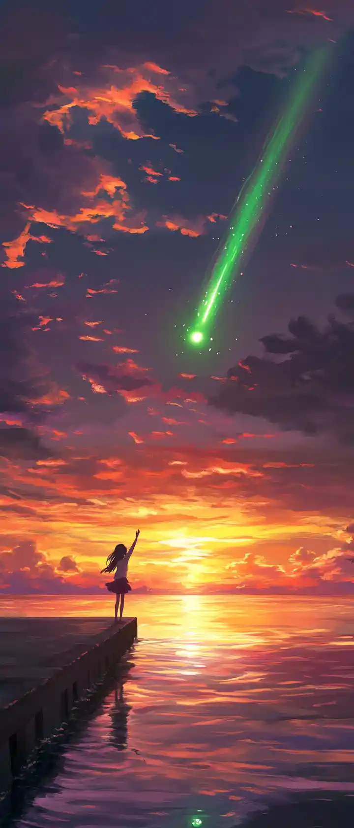 Anime girl on pier at sunset reaching for comet