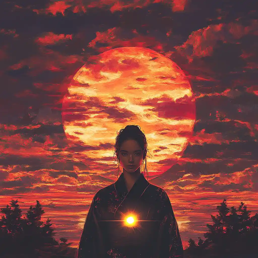 Woman in dark kimono before a glowing sunset