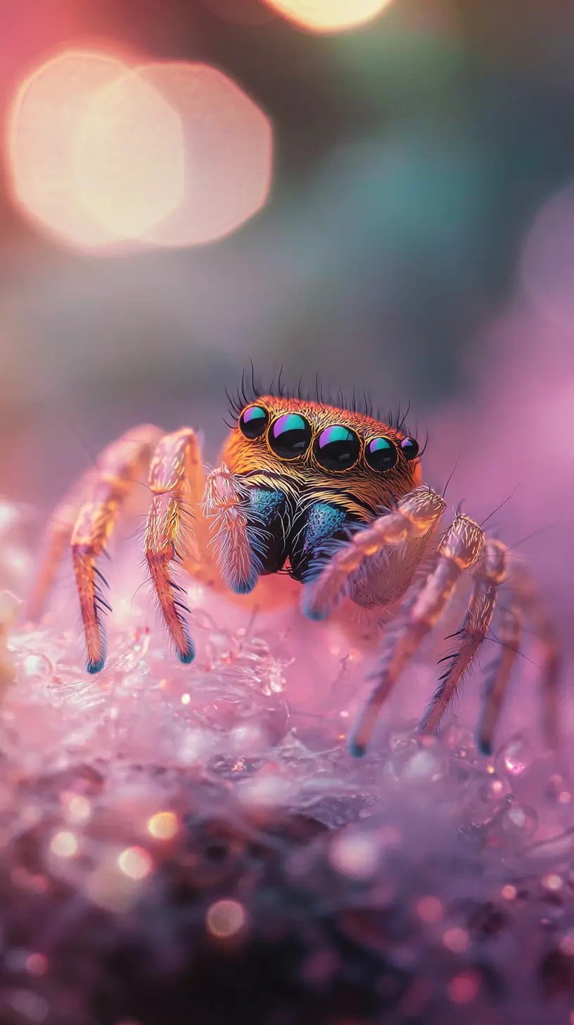 Mystical jumping spider perched on glowing ethereal mist