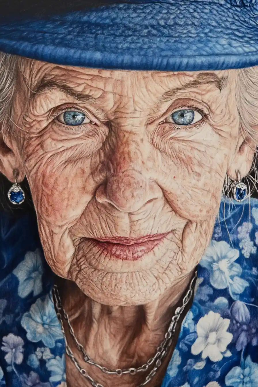 Femme âgée aux yeux bleus en blouse à imprimé fleuri