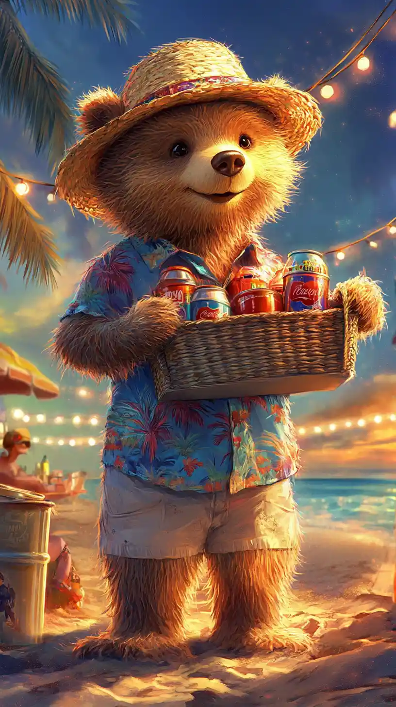 Cute Cartoon Bear Vendor On A Colorful Beach Evening