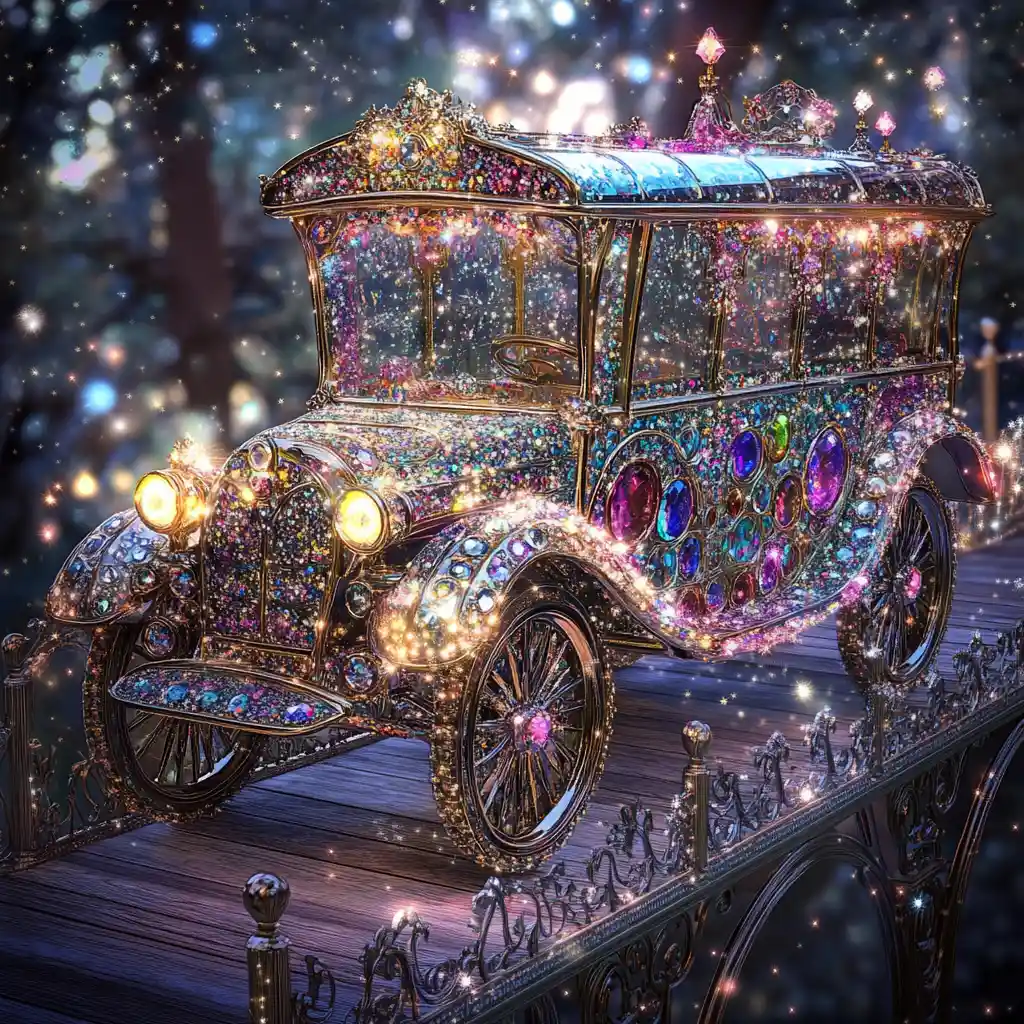 Whimsical concert art car on a magical glass bridge