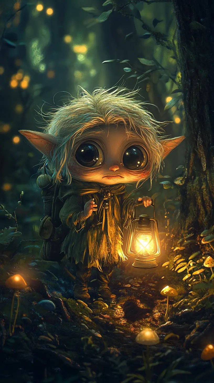 Tiny elderly elf with lantern in glowing night forest