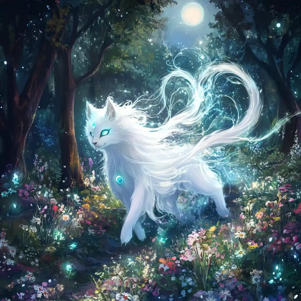 Mystical White Kitsune In Enchanted Moonlit Garden