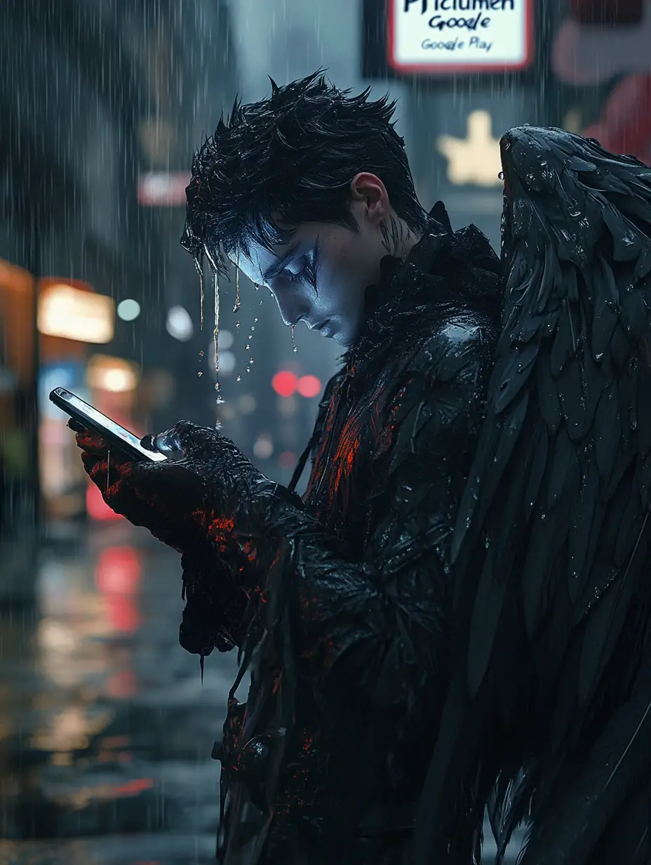Winged man with smartphone on rainy city street