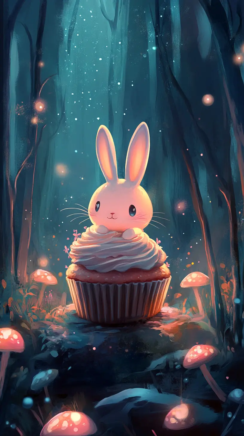 Cute rabbit in a cupcake in a glowing night forest