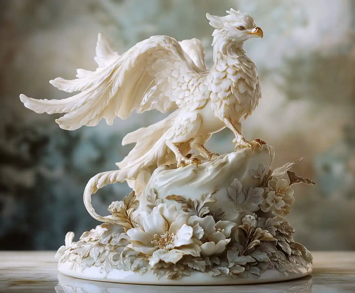 Porcelain gryphon figurine on botanical patterned base