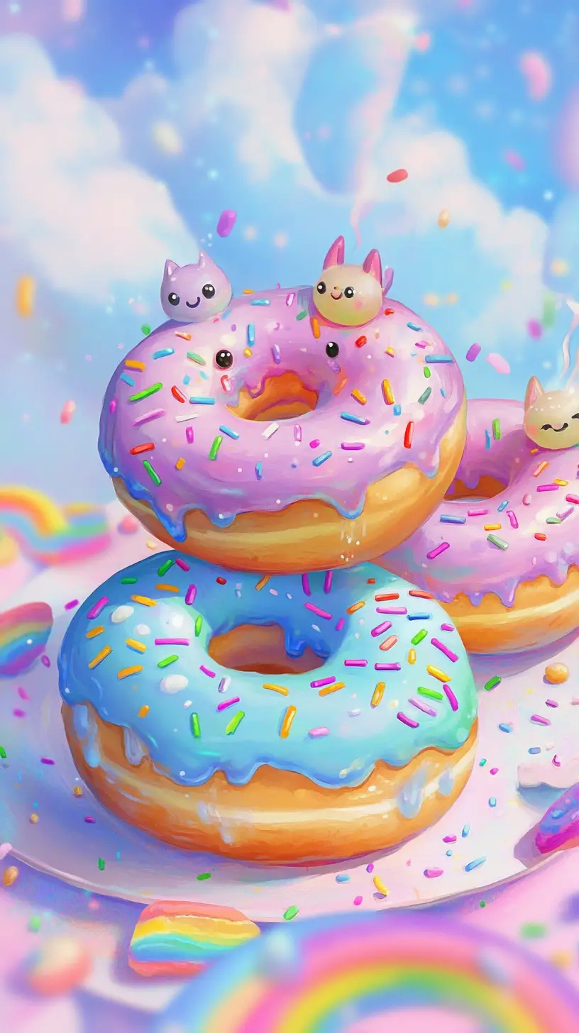 Cute donuts having a tea party on rainbow sprinkles