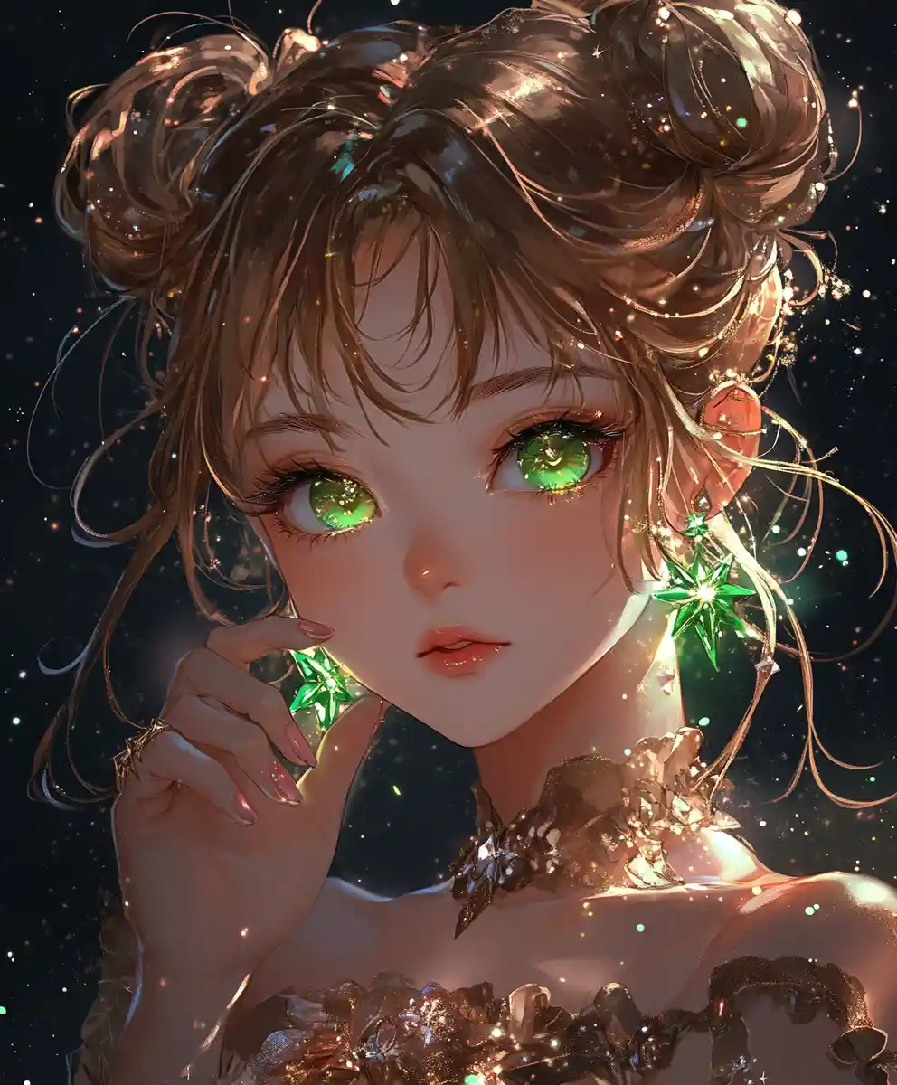 Anime girl framing her face in golden dress