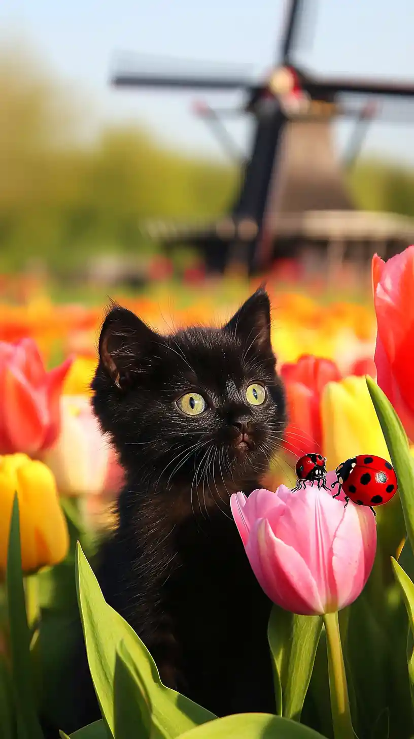 Curious black kitten in tulip field with windmill