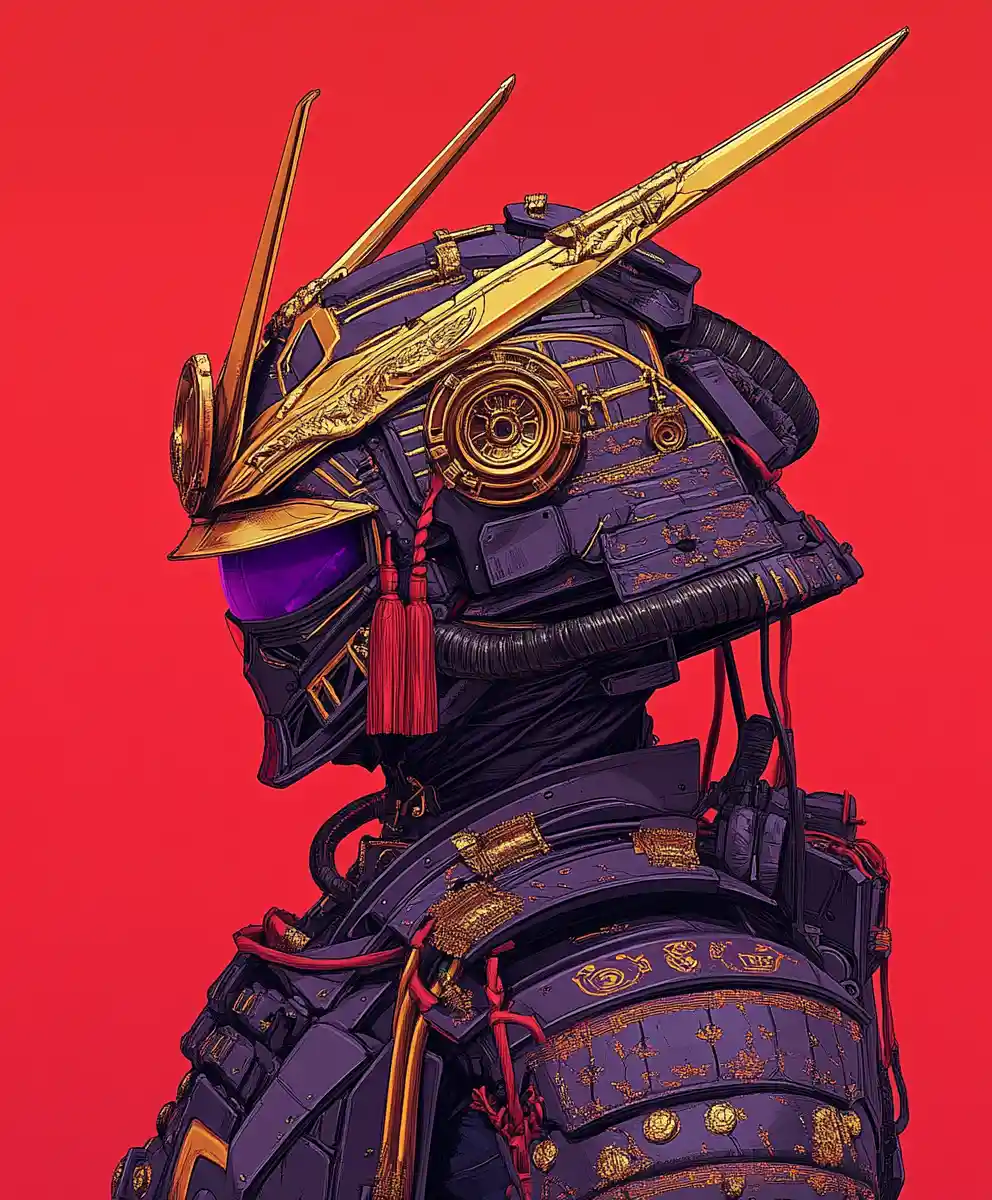 Ritratto di mecha ispirato ai samurai con elaborata armatura viola
