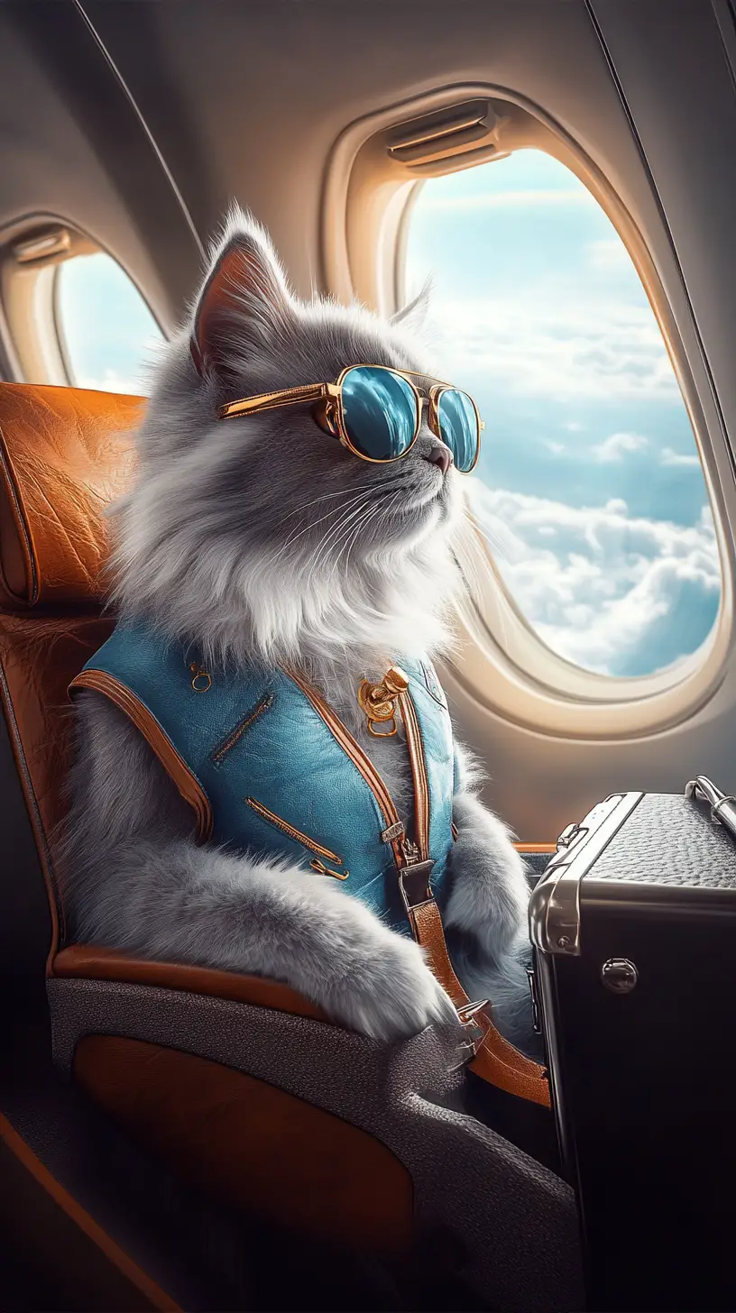 Fluffy grey cat in sunglasses relaxing in airplane seat