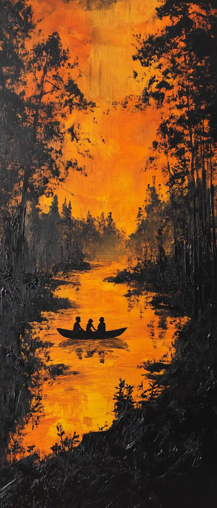 Paisagem abstrata de floresta laranja com rio e famílias