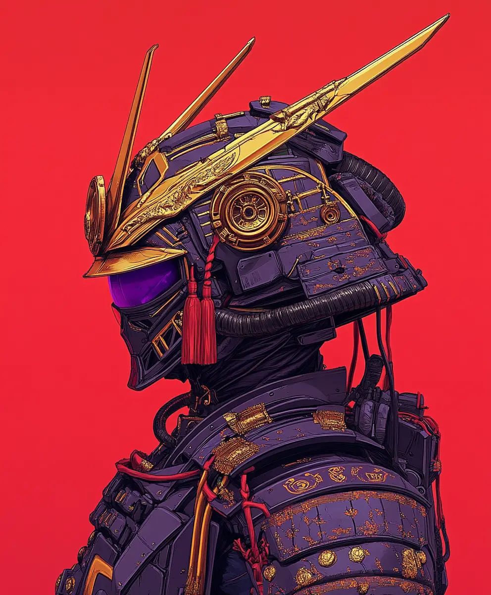 Samurai inspired mecha portrait with ornate purple armor