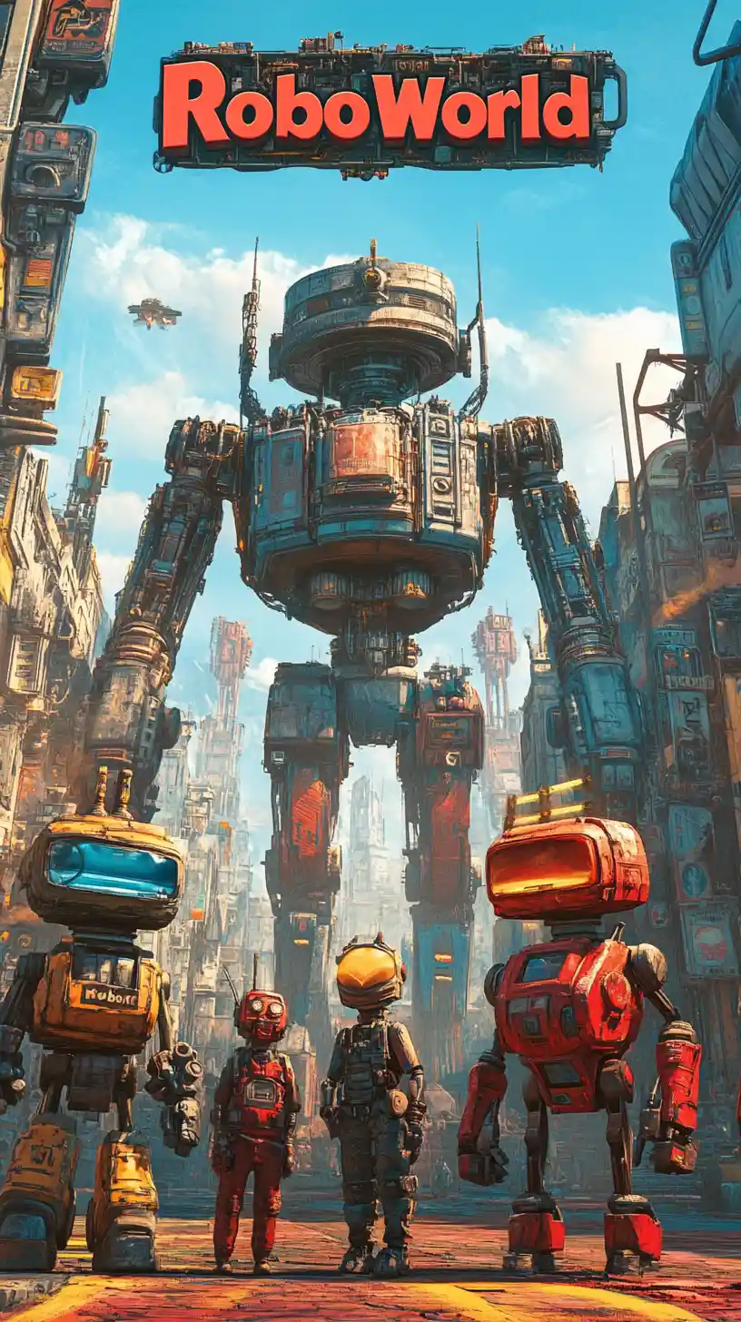 Bunte Steampunk-Roboter vor einer mechanischen Fantasiestadt