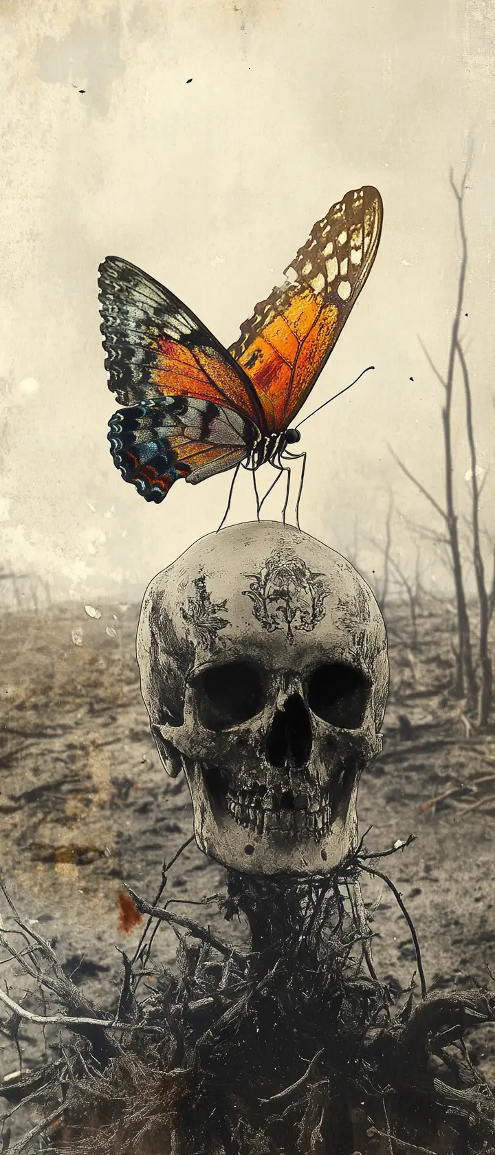 Butterfly Rising From Skull On Desolate Monochrome Beach