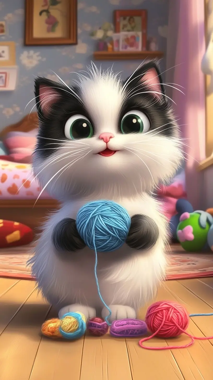 Playful white and black cartoon cat with yarn in bedroom