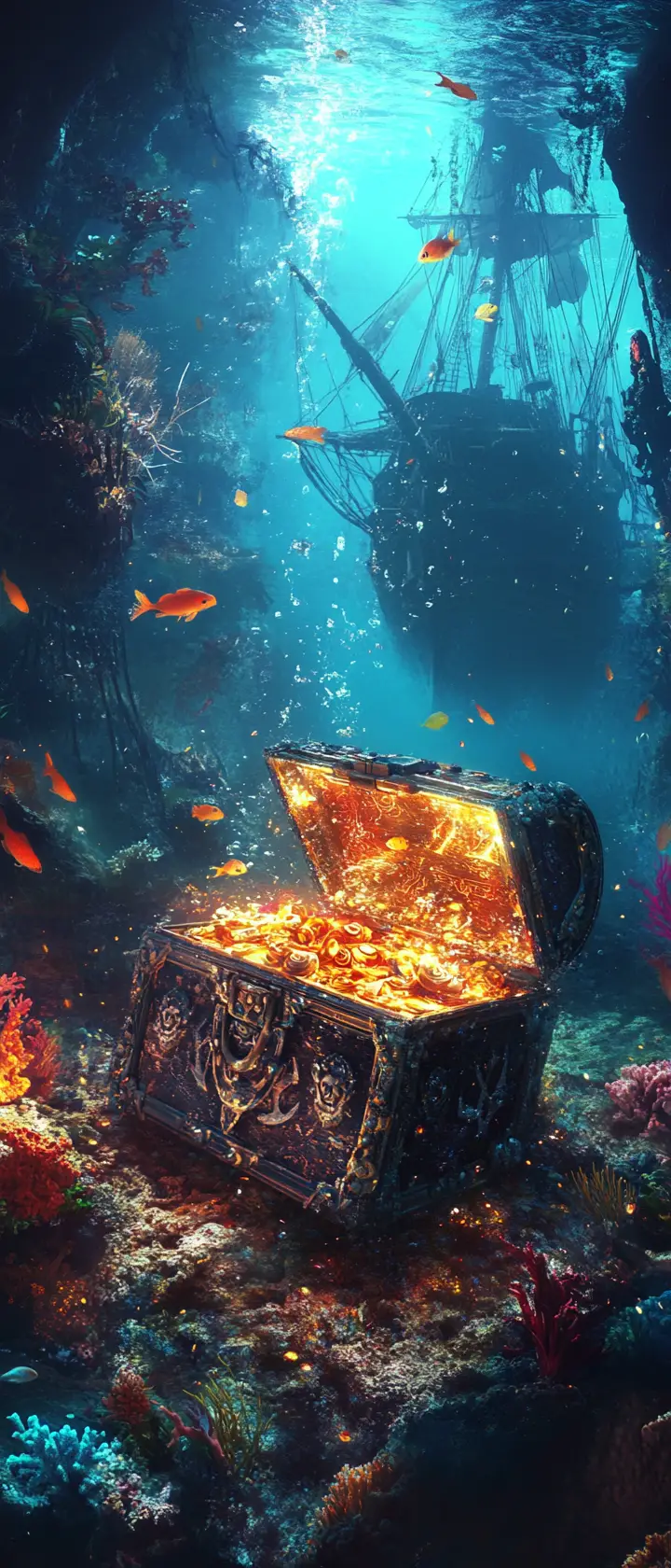 Mermaid Opening Enchanted Pirate Treasure Chest Underwater
