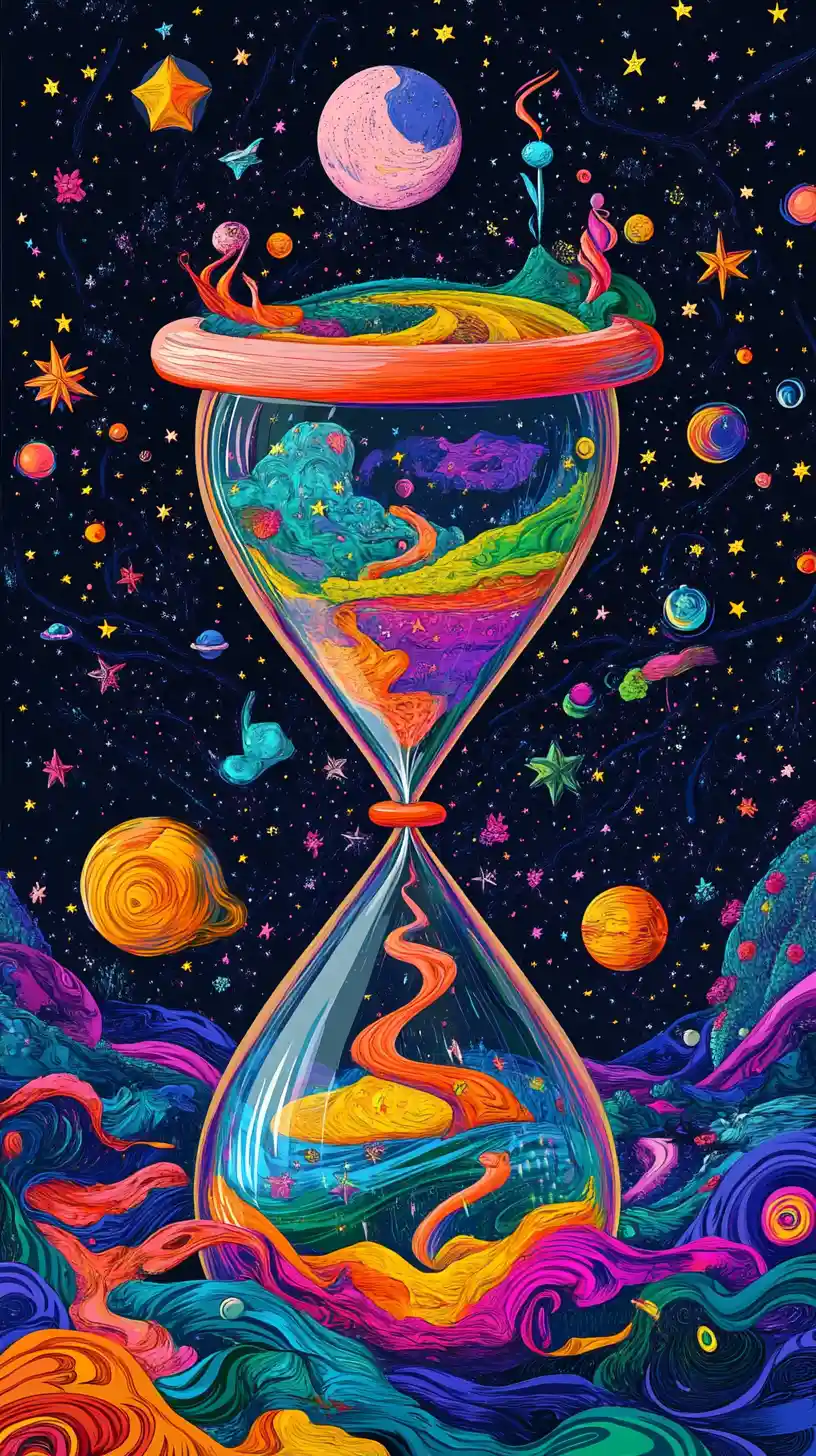 Surreal dreamland inside a floating hourglass with moon and stars