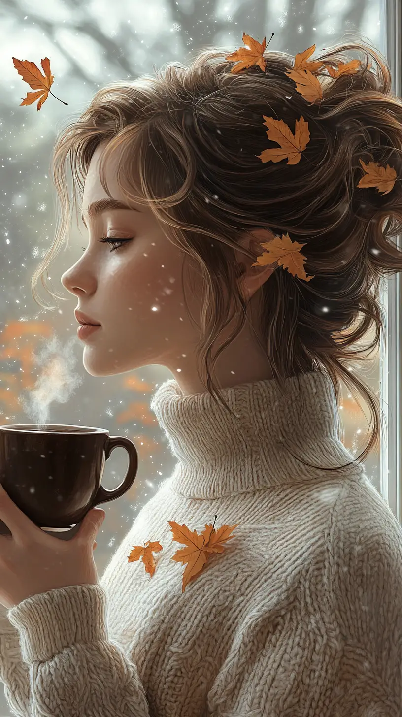 Chica acogedora de otoño con café junto a una ventana nevada