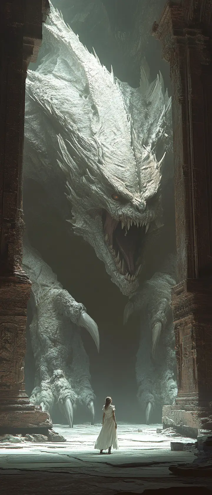 Girl Confronts Vast Creature In A Dark Cave