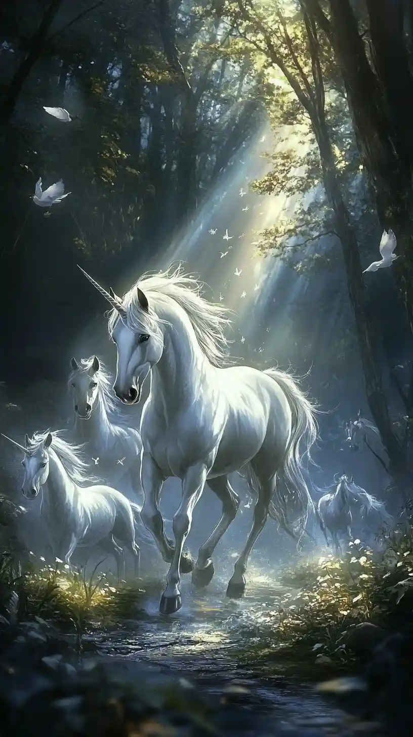 White unicorn descending from a dark sky with followers