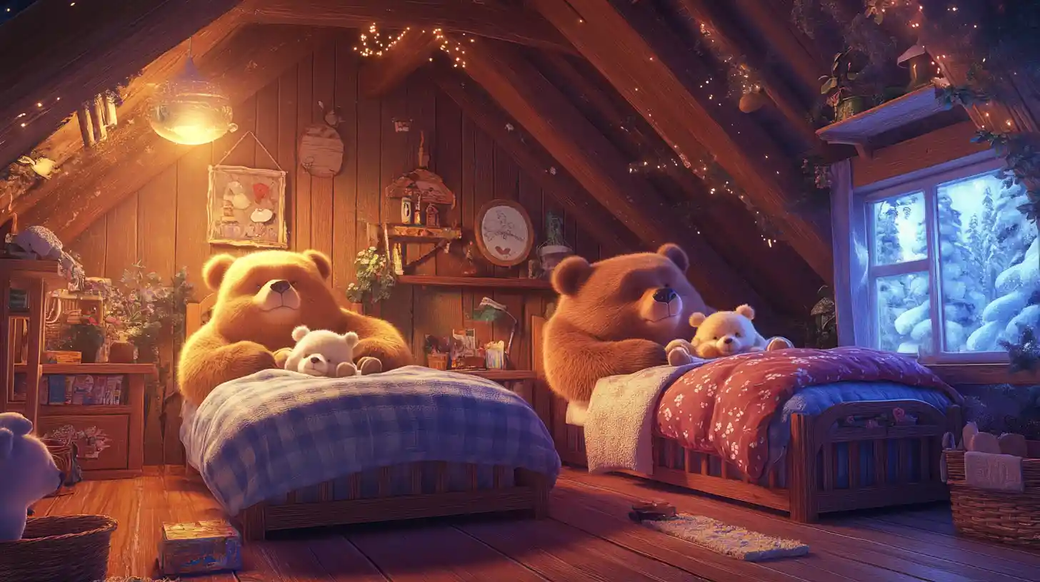 Cute bear family sleeping together in a cozy bedroom