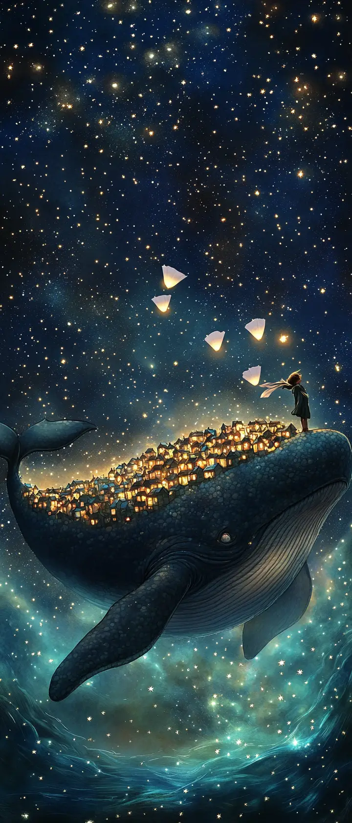 City Resting On A Sleeping Sky Whale In Starry Space