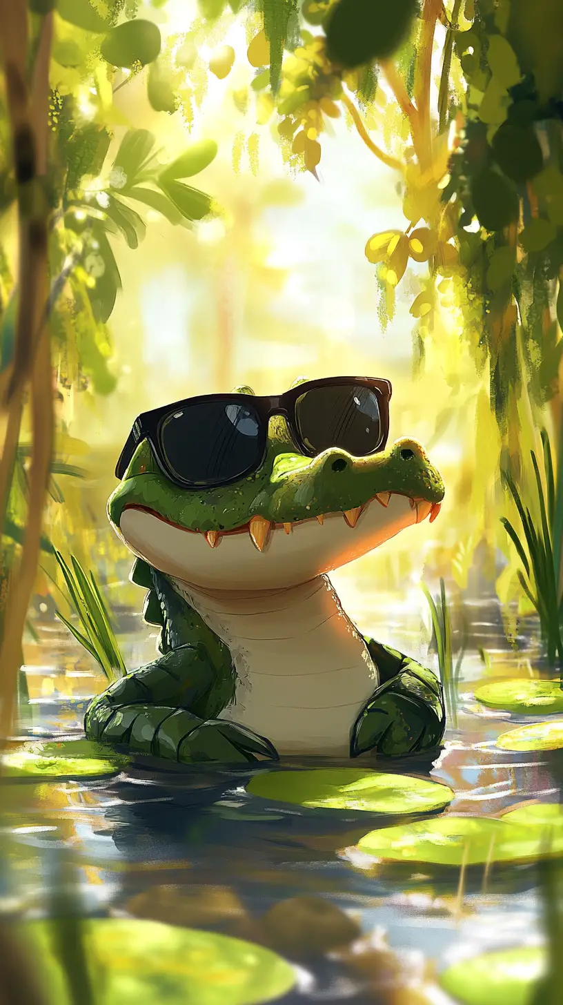 Cartoon alligator relaxing in a sunny forest pond