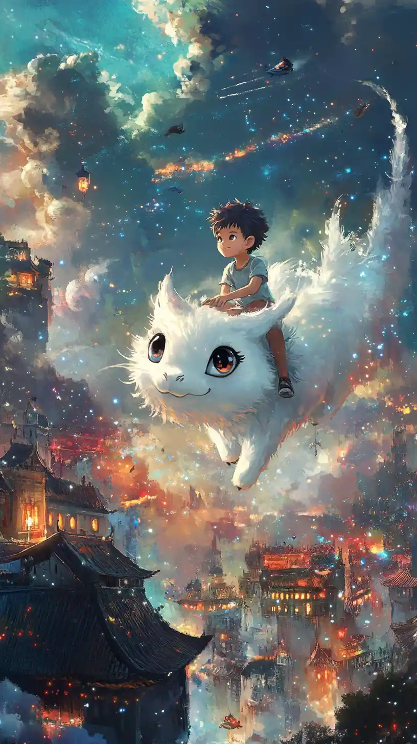 Boy Riding White Dragon Above Fairytale Castle