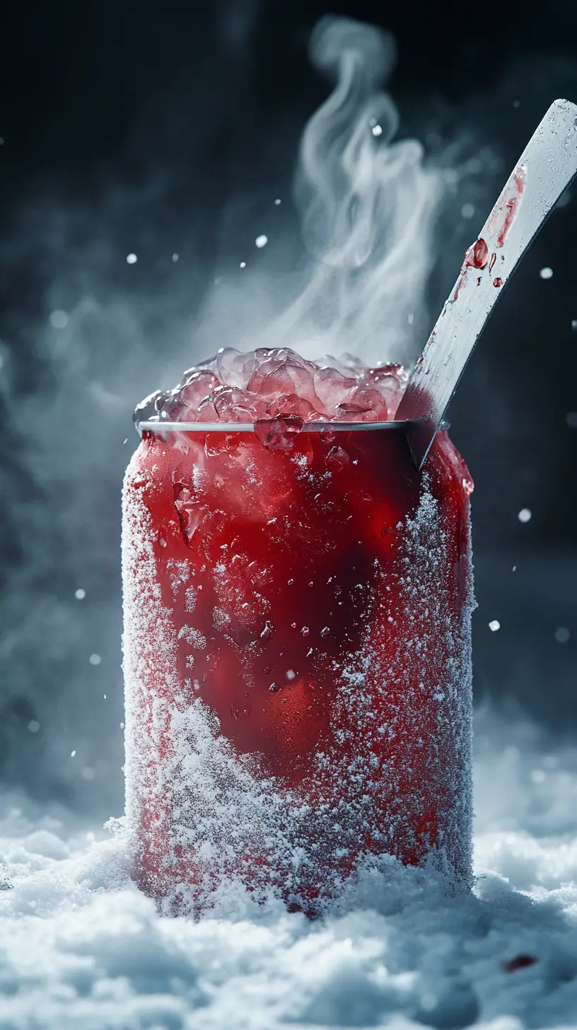 Frozen cola can cake reveal in snowy close up scene