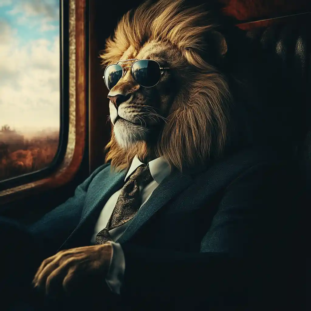 Regal lion in first class train wearing sunglasses