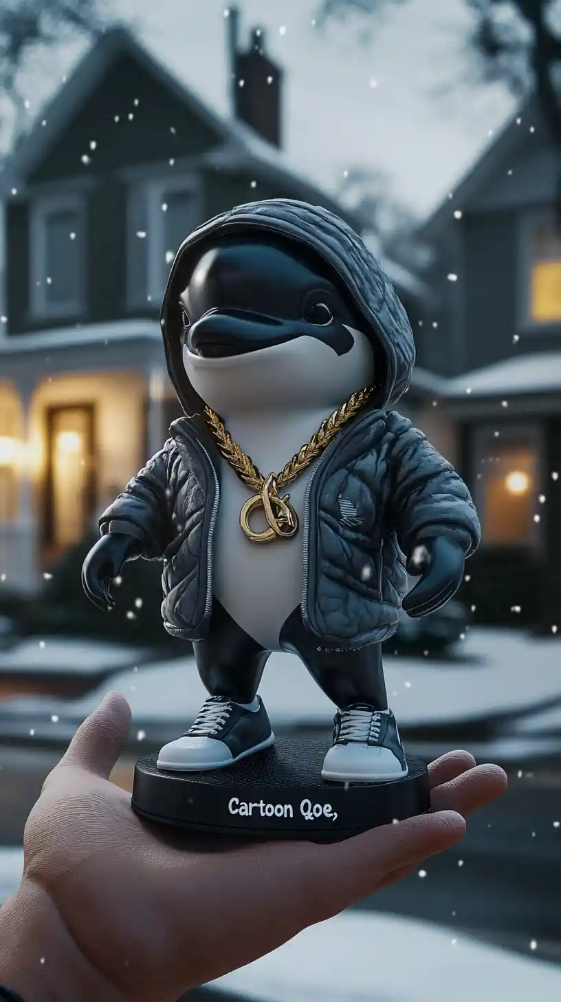 Anthropomorphic orca toy on a hand in winter suburbia