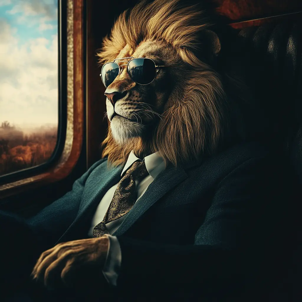 Regal lion in first class train wearing sunglasses