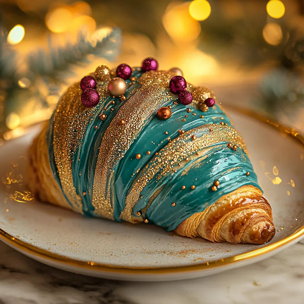 Festive teal and gold croissant on elegant plate