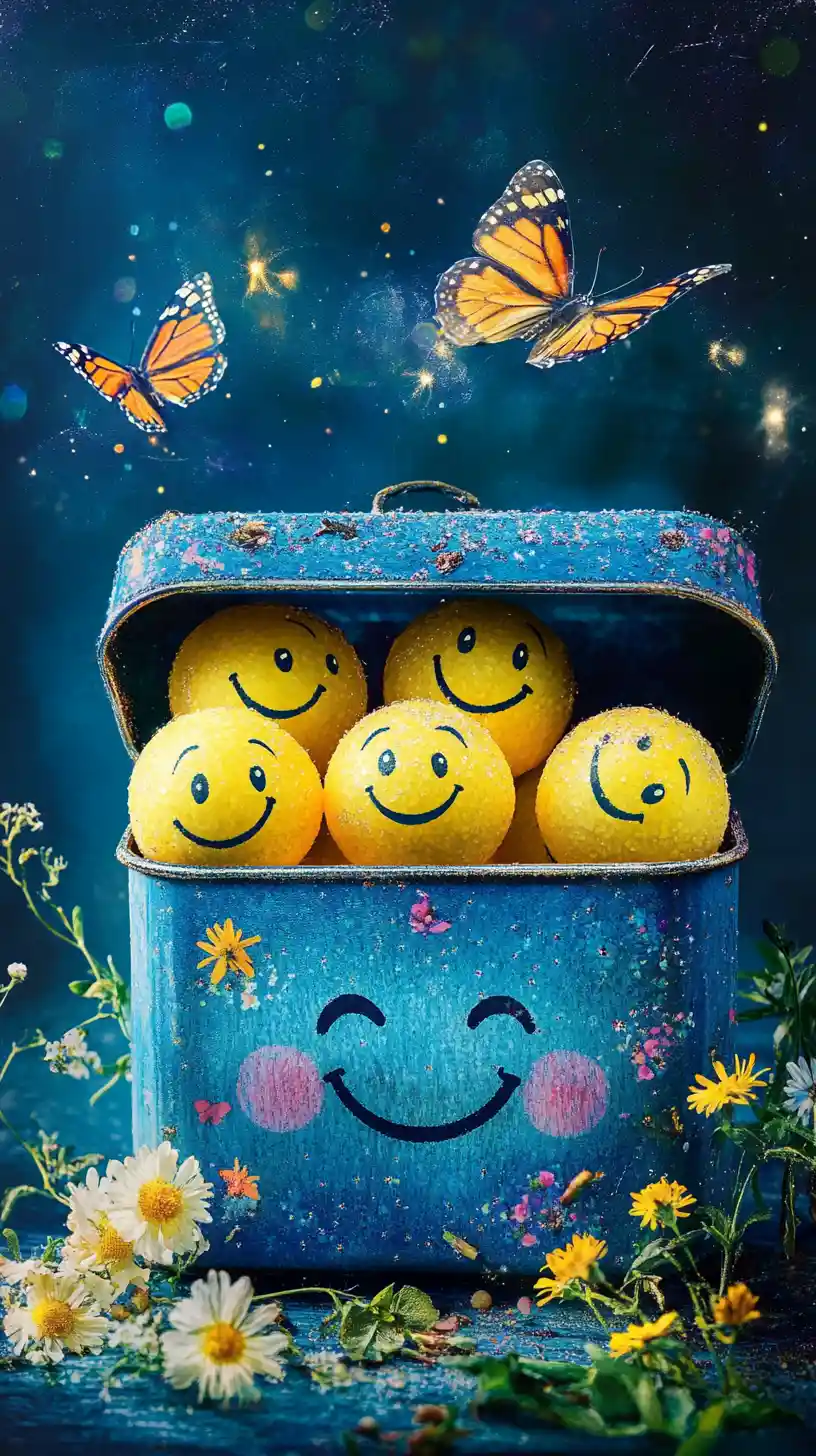 Cobalt tin box filled with cheerful yellow smiley balls