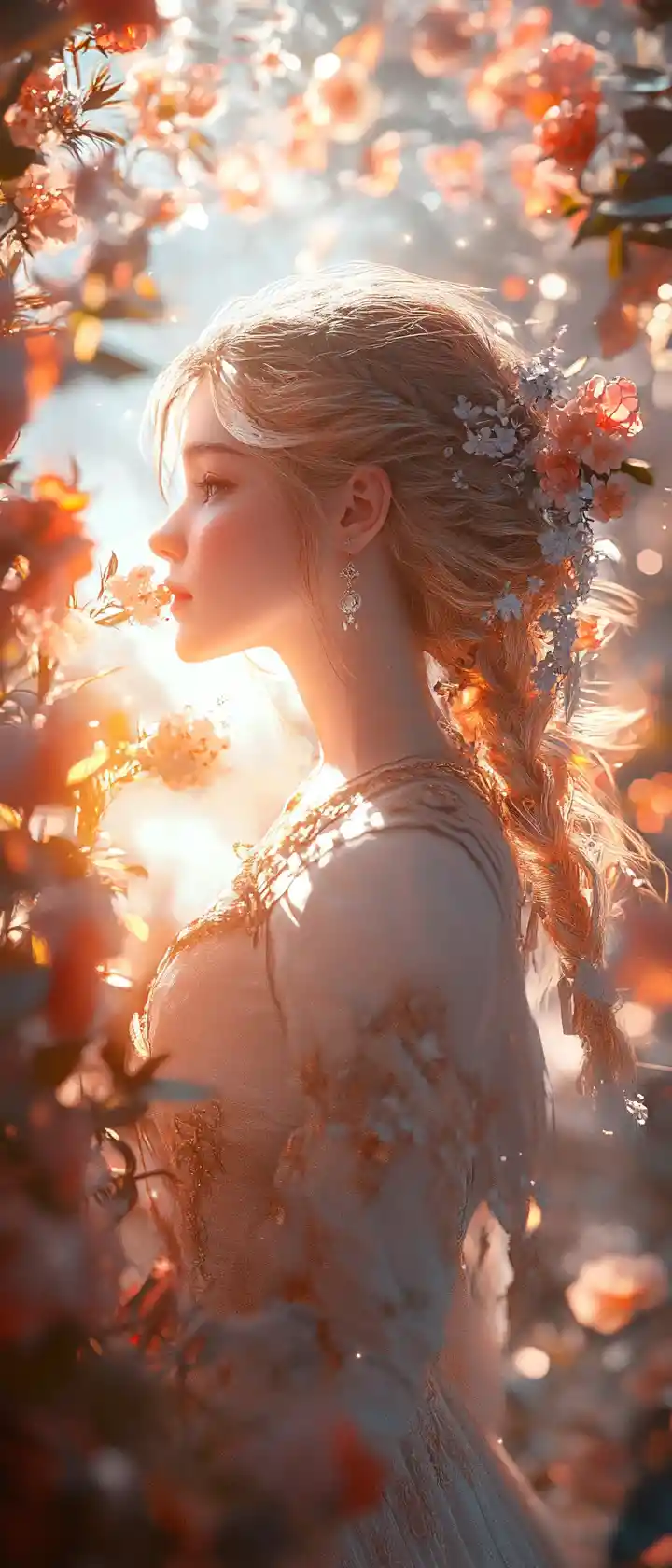 Royal maiden walking through a bright flower alley