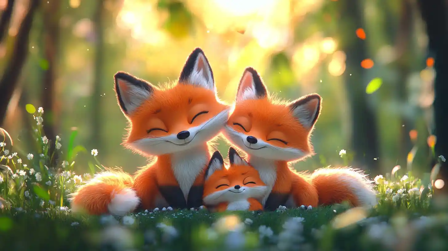 Playful kawaii chibi fox family in a magical world