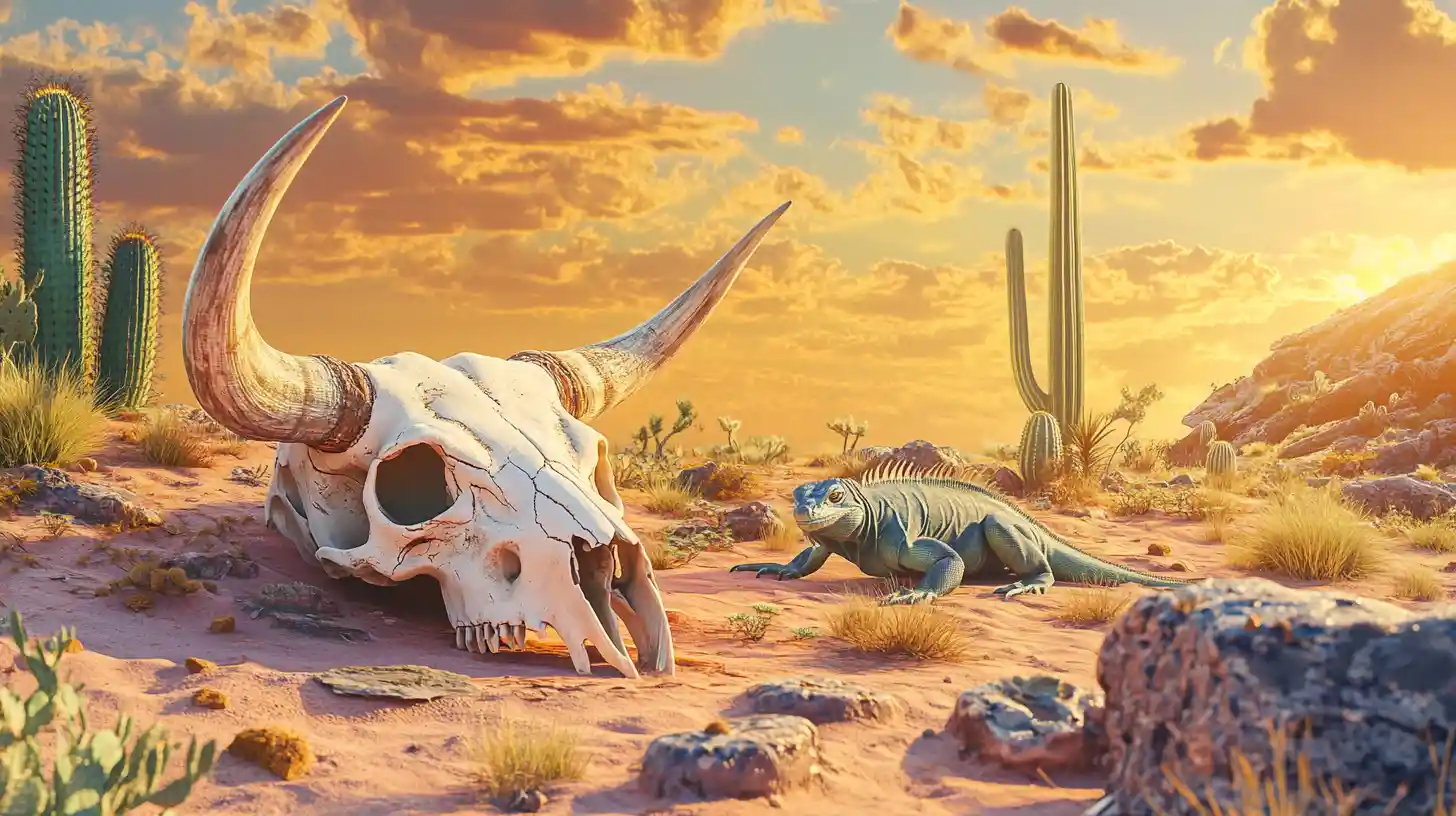 Bleached steer skull in pink desert at sunset