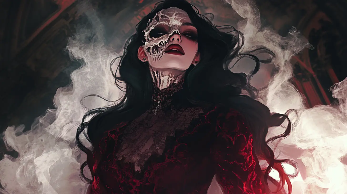 Vampiric woman in mask in misty victorian ballroom