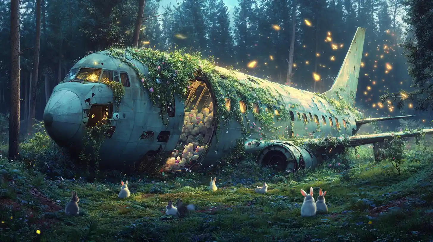Lapins Vivant dans l’Épave d’Avion Envahie par la Végétation dans une Clairière Forestière