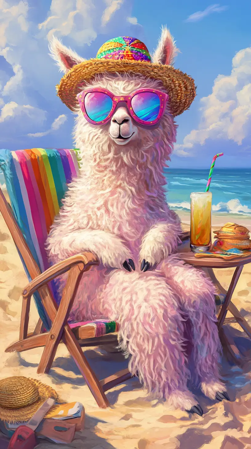 Playful Pink Llama Relaxing On A Sunny Beach Vacation