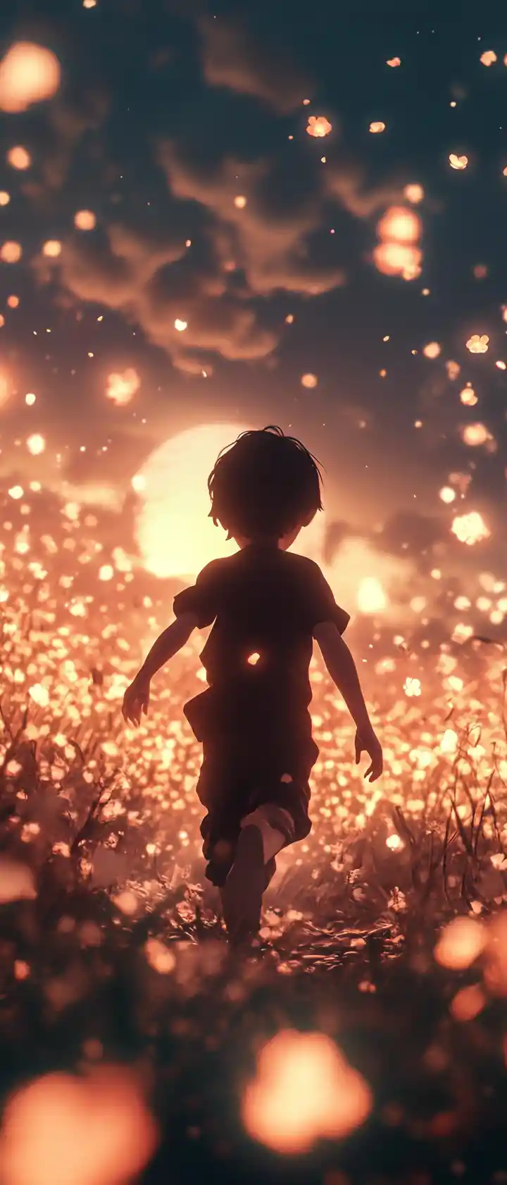 Boy Running Through Field Of Glowing Chiming Flowers