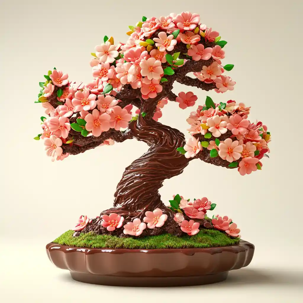 Photorealistic chocolate bonsai tree with 3D animated style